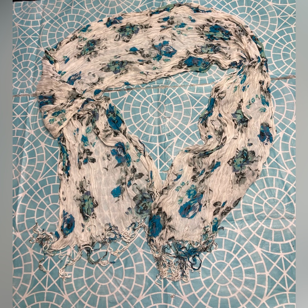 💛TODAY***$10***Designer sheer scarf. Light gray w/blue, green, black flowers